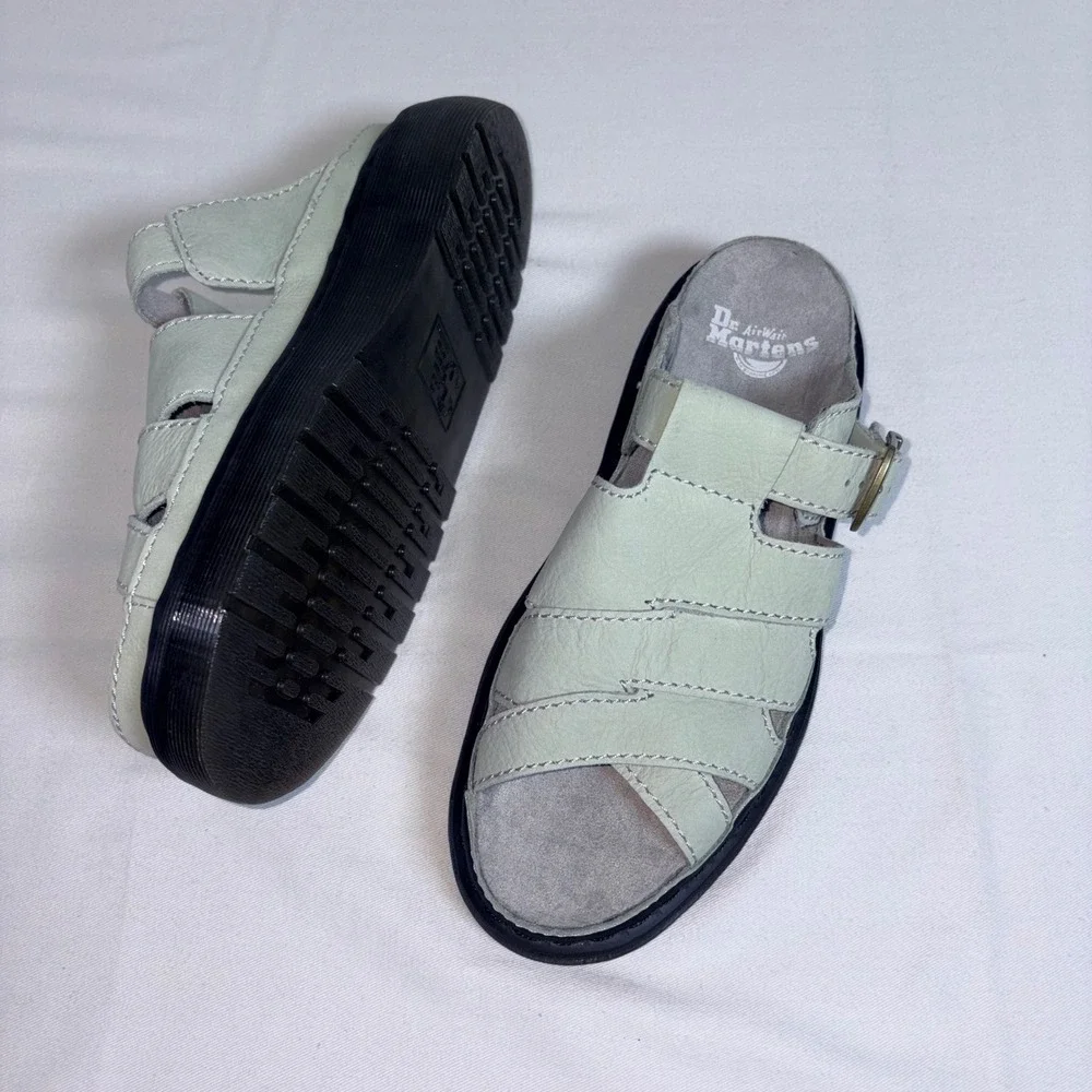 Dr. Martens Maxxy slide Sandals Sage Green Leather Buckle Platform AirWair